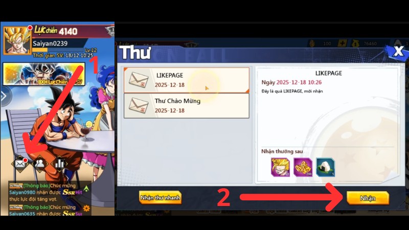 Ấn v&agrave;o n&uacute;t Nhận tại mục thư m&atilde; code game