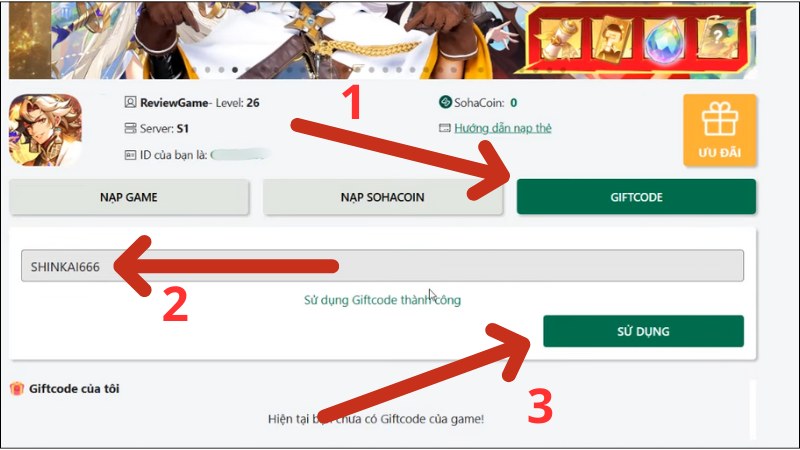 Chọn Giftcode, sau đ&oacute; Nhập M&atilde; code ở bảng tr&ecirc;n v&agrave; nhấn Sử Dụng để nhận qu&agrave;