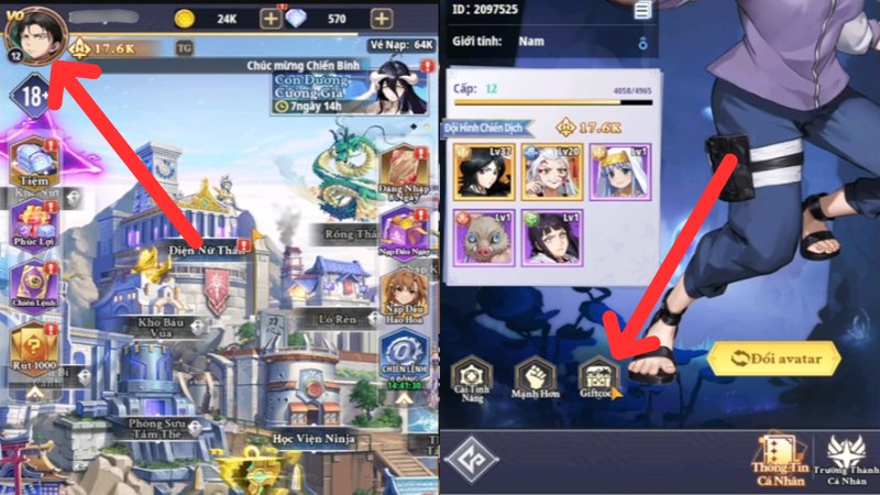 Bấm v&agrave;o avatar nh&acirc;n vật trong giao diện ch&iacute;nh v&agrave; c&agrave;o mục Giftcode