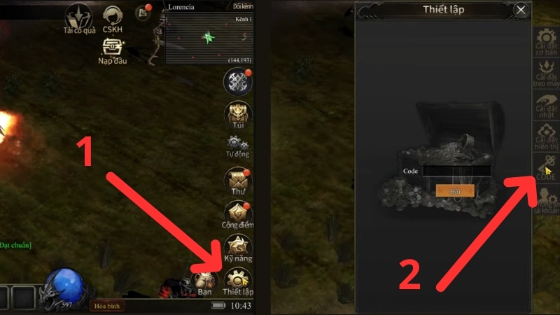 V&agrave;o Thiết lập (g&oacute;c dưới, b&ecirc;n phải m&agrave;n h&igrave;nh) v&agrave; chọn CODE