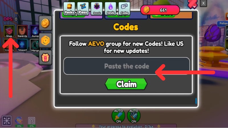 Chi tiết cách nhập code Anime Evolution mới nhất: chọn Codes, nhập mã vào ô Paste the code và nhấn Claim
