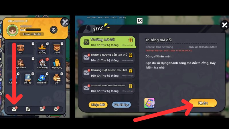 Mở thư lên để nhận quà từ code Vùng Đất Anh Hùng OEG vào kho đồ. Mở thư lên để nhận quà từ code Vùng Đất Anh Hùng OEG vào kho đồ