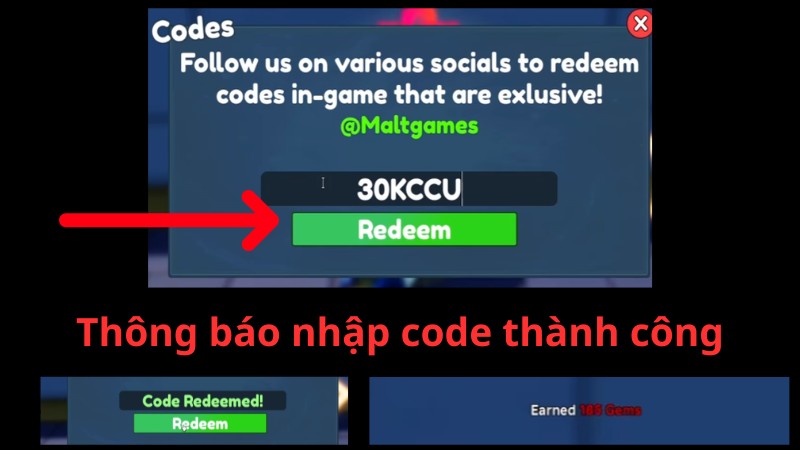 Nhập m&atilde; code đang hoạt động v&agrave;o &ocirc; v&agrave; nhấn n&uacute;t Redeem để nhận thưởng