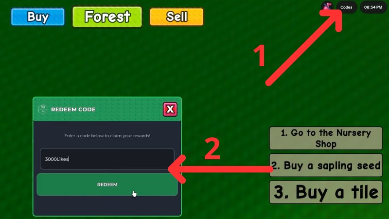 Nhập code Superforest Roblox v&agrave;o &ocirc; v&agrave; bấm Redeem
