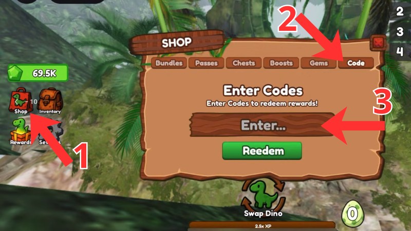 Nhập code Be Dino v&agrave;o &ocirc; v&agrave; nhấn &lsquo;Redeem&rsquo; để nhận thưởng