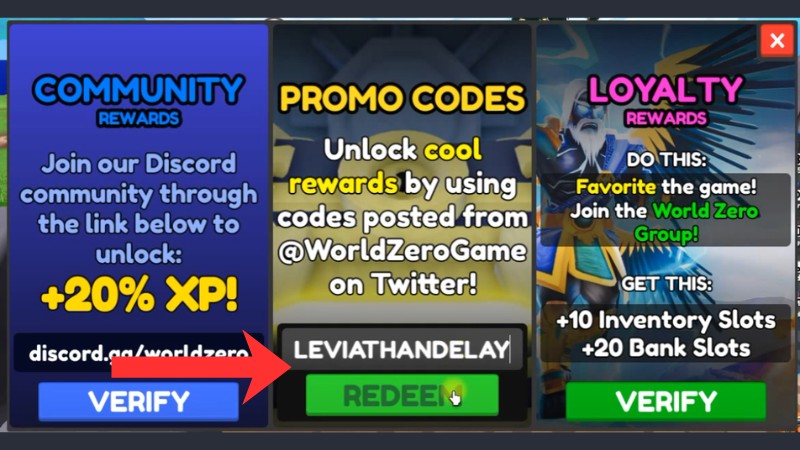 Nhập ch&iacute;nh x&aacute;c m&atilde; code Roblox World // Zero&nbsp; x Anime RPG&nbsp; v&agrave;o &ocirc; trống Promo codes