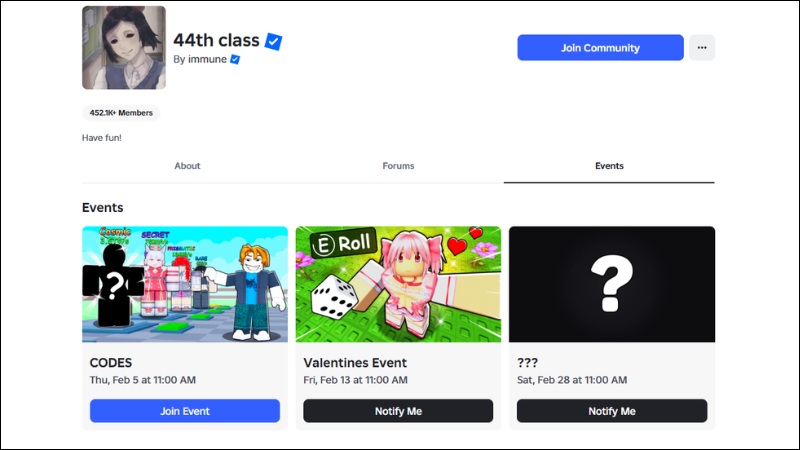 Tham gia cộng đồng 44th class Roblox trước. Tham gia cộng đồng 44th class Roblox