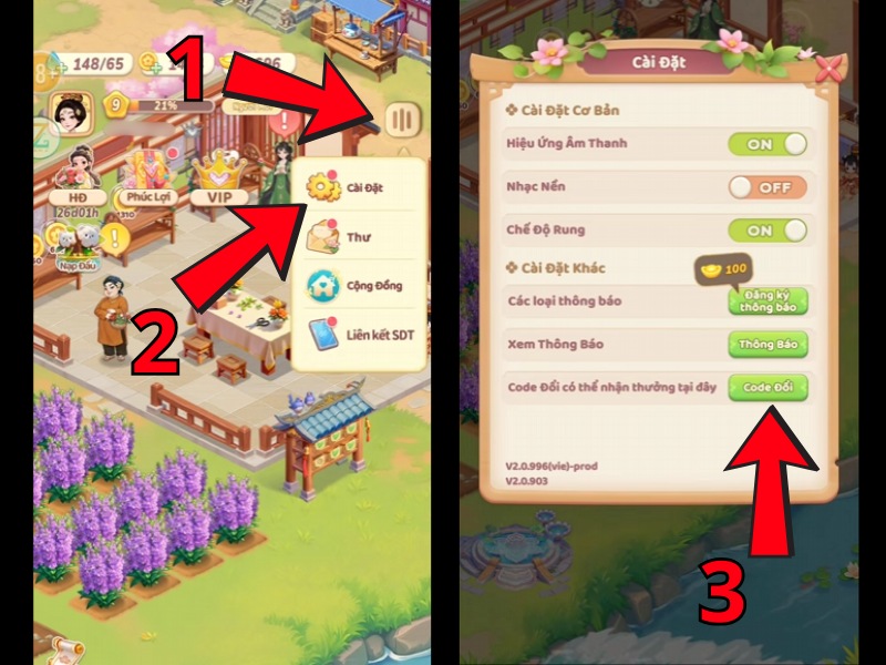 Chọn mục C&agrave;i Đặt v&agrave; chọn mục Code Đổi 