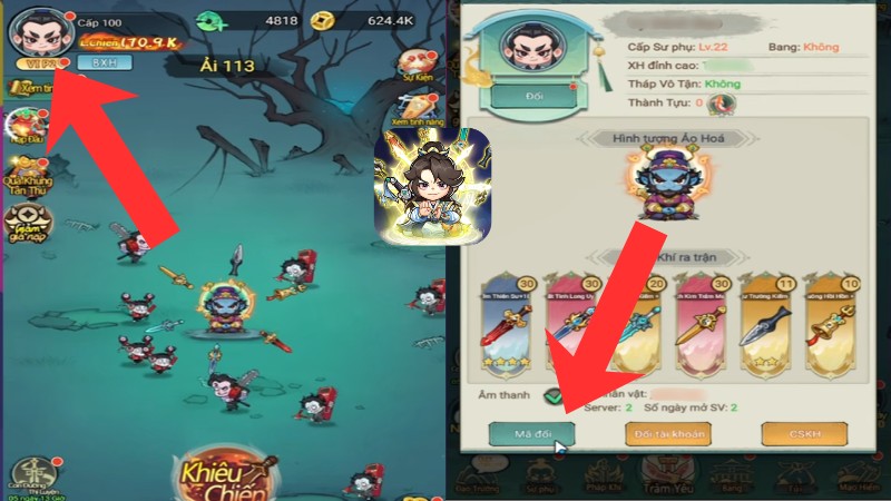 Bấm v&agrave;o avatar nh&acirc;n vật. Chọn mục M&atilde; đổi.