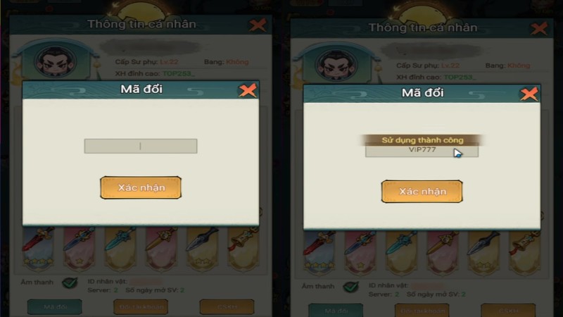 Nhập code Phi Kiếm Tu Ti&ecirc;n v&agrave; ấn X&aacute;c Nhận