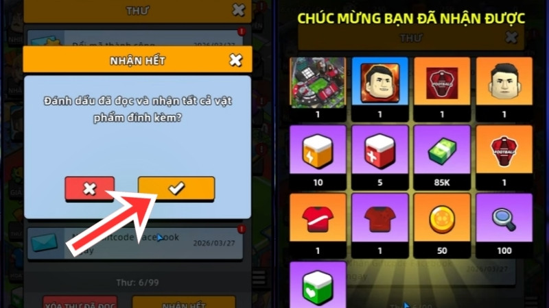 Nhấn v&agrave;o dấu tick m&agrave;u trắng để nhận vật phẩm về kho đồ