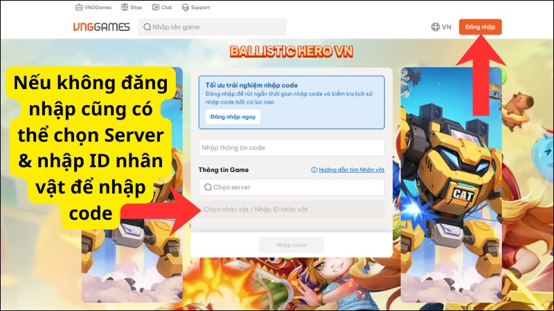 Truy cập v&agrave;o website nhập code ch&iacute;nh thức của Ballistic Hero VNG
