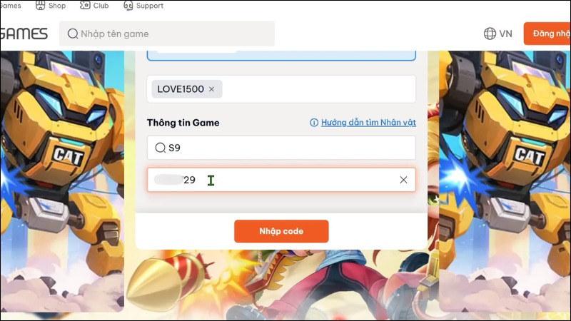 Nhập ch&iacute;nh x&aacute;c code Ballistic Hero VNG v&agrave;o &ocirc; trống