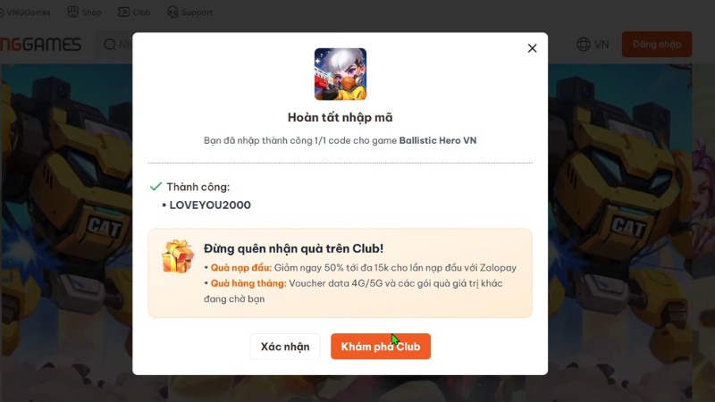 Nếu code đ&uacute;ng v&agrave; c&ograve;n hạn sẽ c&oacute; th&ocirc;ng b&aacute;o nhập code th&agrave;nh c&ocirc;ng