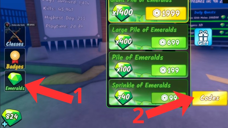  T&igrave;m v&agrave; bấm v&agrave;o n&uacute;t Emeralds -> Codes