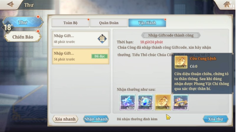 Vào lại game, mở hòm thư để lấy quà