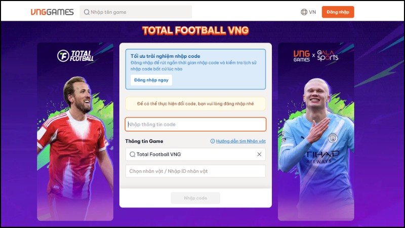 Truy cập v&agrave;o trang nhập CODE ch&iacute;nh thức của Total Football VNG