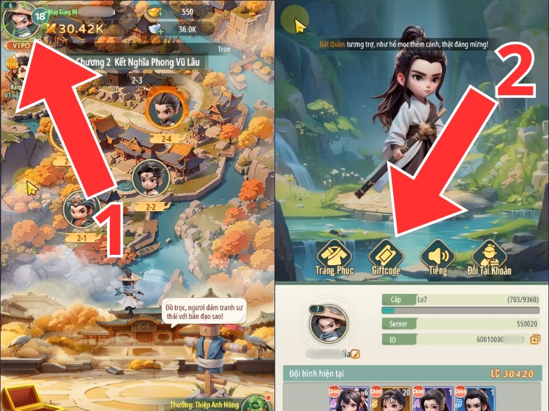 Nhấn vào biểu tượng AVATAR nhân vật, chọn mục Giftcode