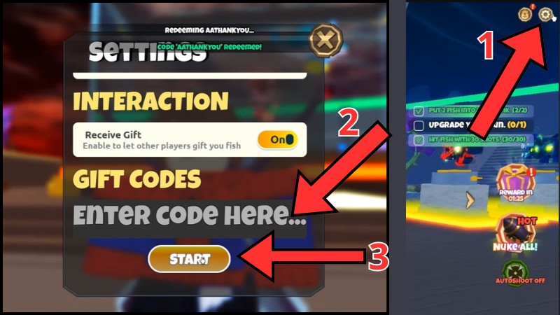 Hướng dẫn nhập code Hunt Giant Fish - Mở cài đặt Chi tiết cách nhập code Hunt Giant Fish mới nhất: Mở menu Settings bằng cách nhấn vào biểu tượng bánh răng