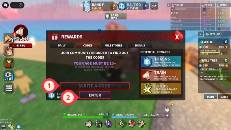 Chi tiết cách nhập code Anime Power League mới nhất: nhập mã vào ô WRITE A CODE và bấm Enter