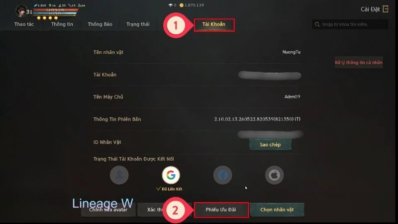 Hướng dẫn nhập code Lineage W - Chọn Phiếu Ưu Đãi Chi tiết cách nhập code Lineage W mới nhất: chọn tài khoản và mục phiếu ưu đãi