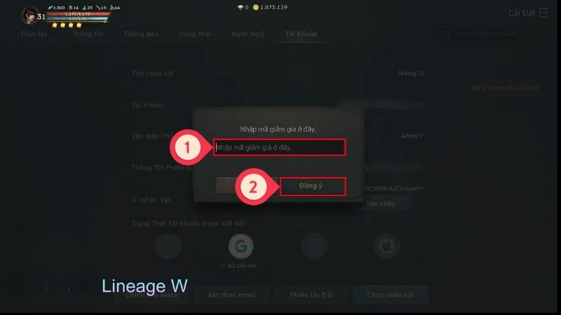 Hướng dẫn nhập code Lineage W - Xác nhận nhận thưởng Chi tiết cách nhập code Lineage W mới nhất: nhập mã code và bấm đồng ý để nhận thưởng