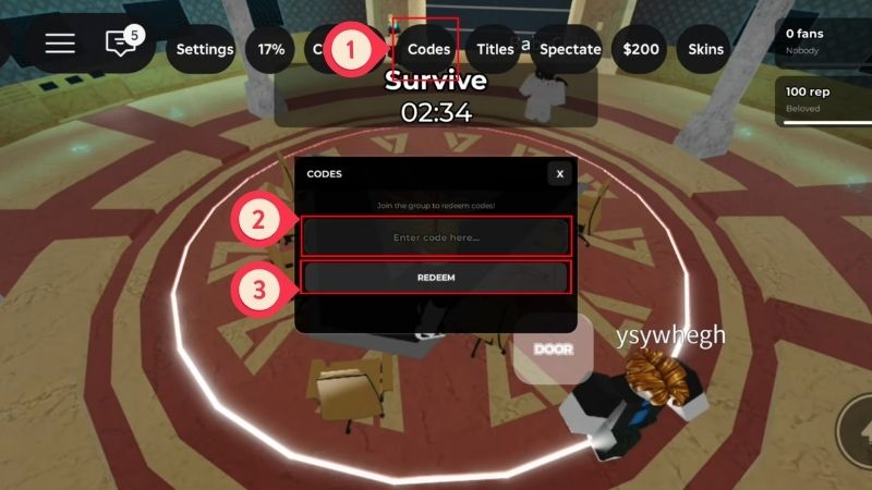 Hướng dẫn nhập code Survive Homelander - Nhập code Chi tiết cách nhập code Survive Homelander mới nhất: nhập mã code vào ô Enter code here và nhấn REDEEM