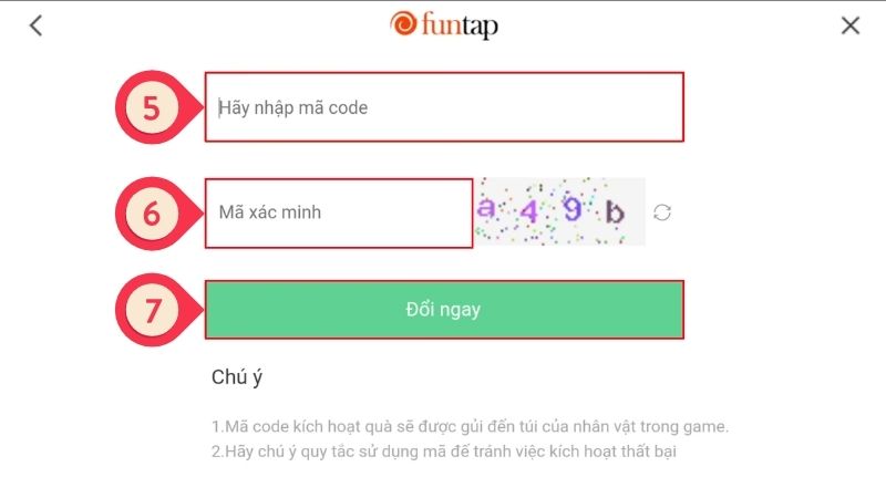 Nhập giftcode, nhập mã xác nhận rồi bấm Đổi ngay Nhập giftcode, nhập mã xác nhận rồi bấm Đổi ngay