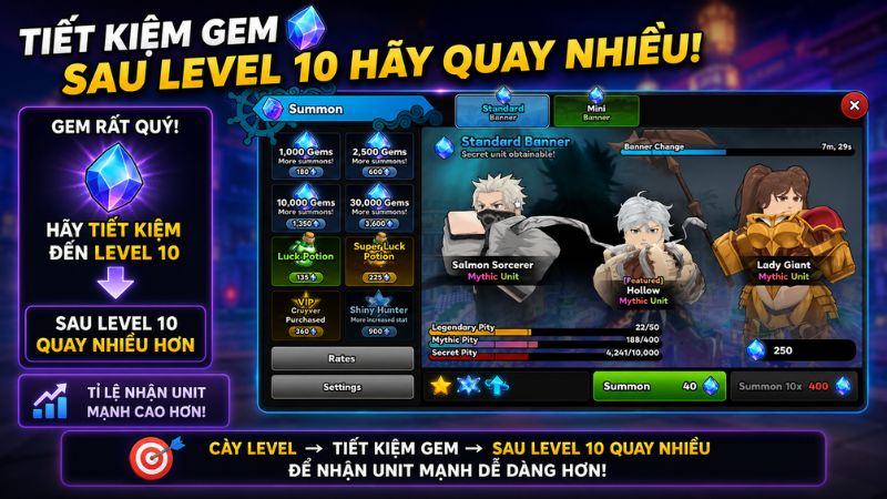 Ưu tiên nhân vật mạnh trước khi đổi chỉ số thuộc tính Lên kế hoạch sử dụng Gems và tài nguyên từ Code