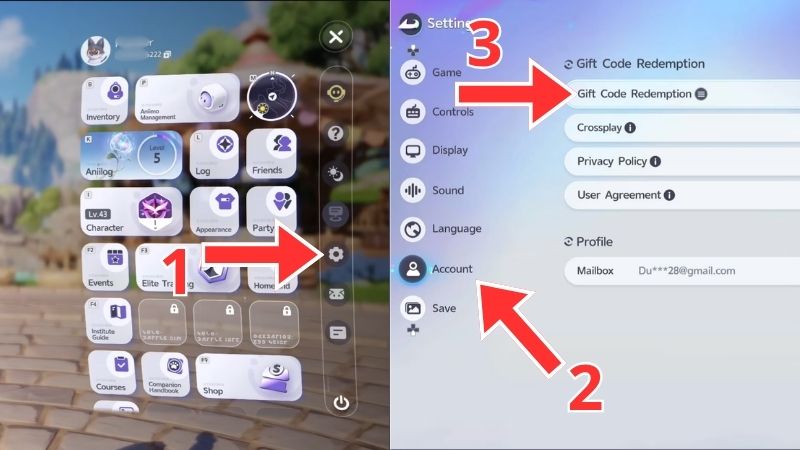 Bấm vào biểu tượng cài đặt (gear) & chọn tab Account. Chọn Gift Code Redemption. Bấm vào biểu tượng cài đặt (gear) & chọn tab Account. Chọn Gift Code Redemption.