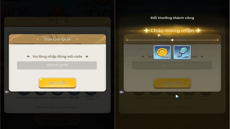 Nhập chính xác mã code vào ô đổi thưởng và bấm nút Trao Đổi Nhập chính xác mã code vào ô đổi thưởng và bấm nút Trao Đổi