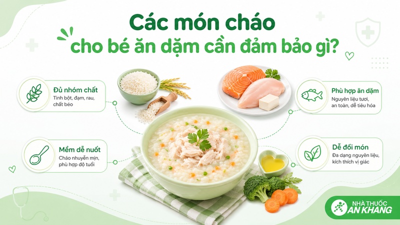 Cháo ăn dặm cần mềm, dễ nuốt và đủ tinh bột, đạm, chất béo, rau củ