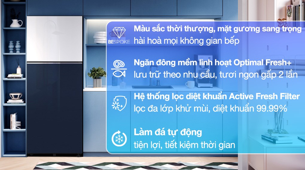 Tủ lạnh Samsung Inverter 460 lít Bespoke RT47CB66868ASV có thiết kế ngăn đá trên truyền thống, phù hợp với mọi gia đình
