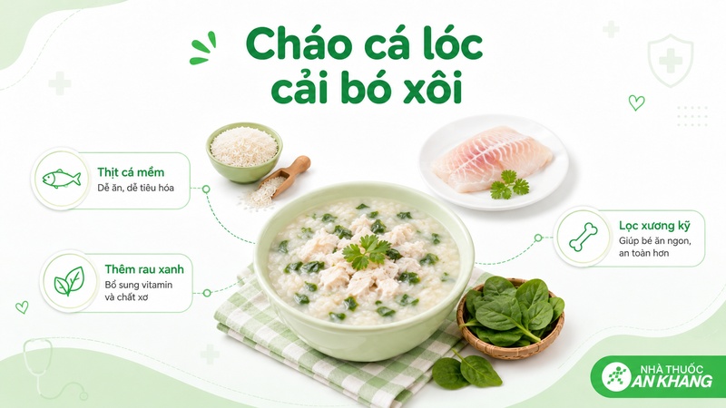 Cháo cá lóc cải bó xôi có vị ngọt nhẹ, mềm, bổ sung đạm từ cá và rau xanh cho bữa ăn của bé