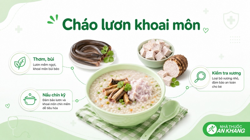 Cháo lươn khoai môn có vị bùi béo, mềm sánh và giúp bé đổi bữa trong thực đơn ăn dặm
