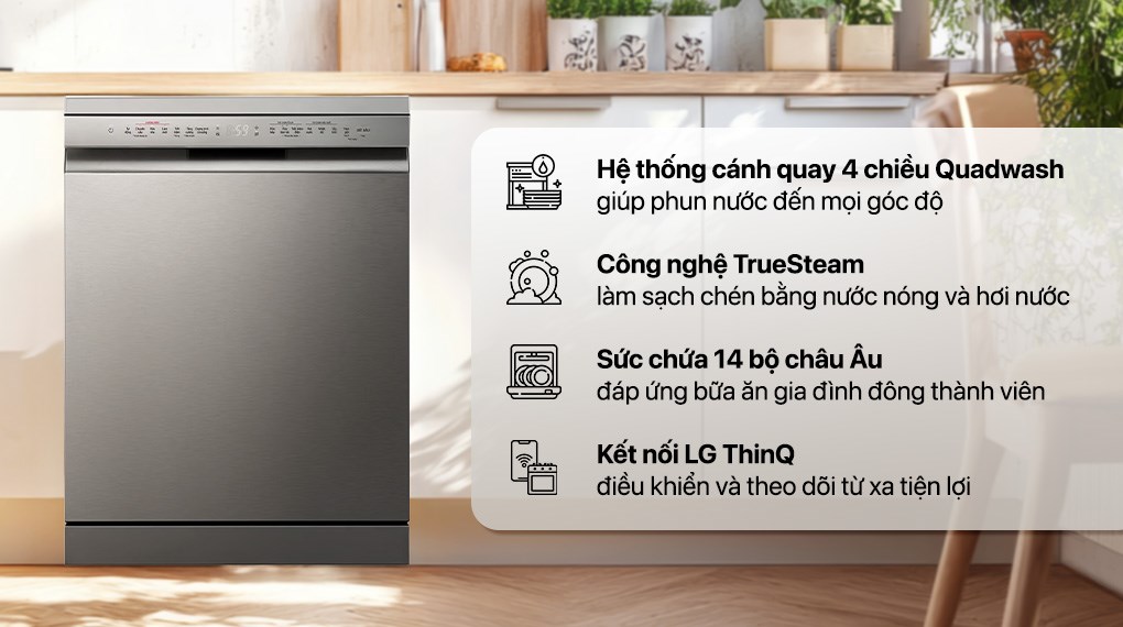 Máy rửa chén LG LDT14SVA4 màu bạc giàn rửa linh hoạt công nghệ rửa kép điều chỉnh lực phun