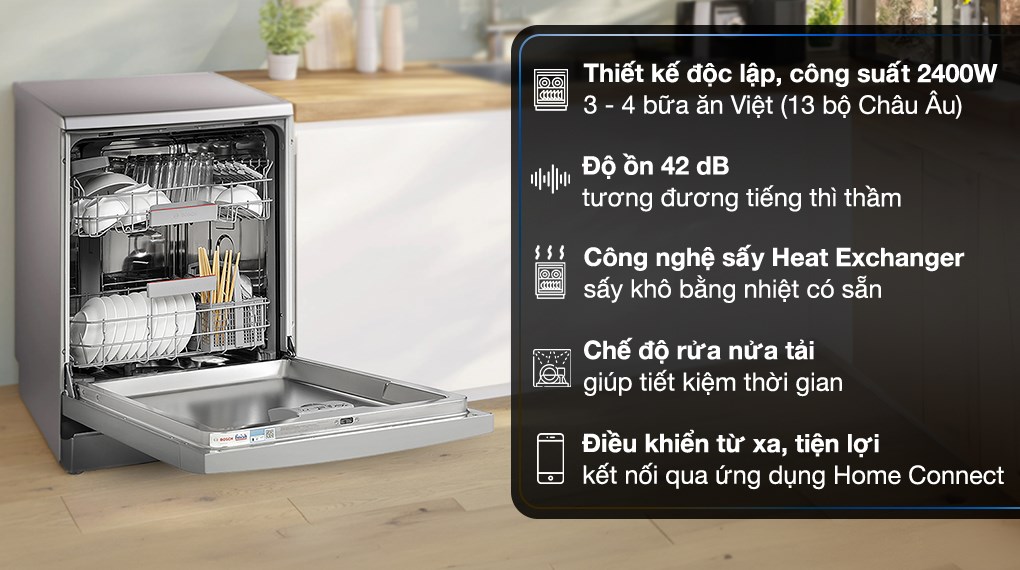 Máy rửa bát Bosch SMS4EKI06E tính năng tự hé cửa sấy khô tự nhiên và chống rò rỉ AquaStop