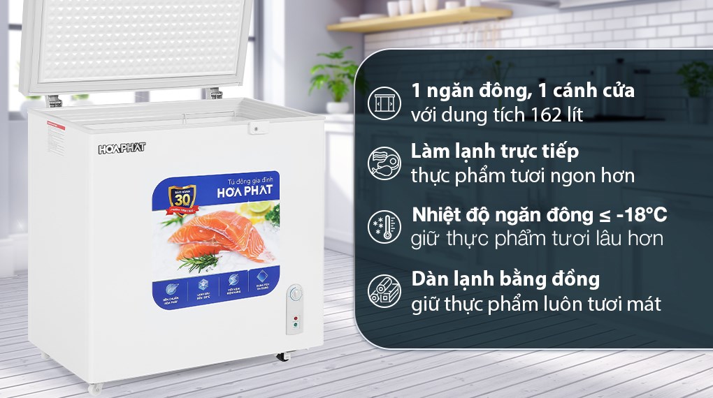 Tủ đông nằm Hòa Phát 162 Lít HPF AD6162 khoang chứa rộng rãi đáp ứng nhu cầu lưu trữ thực phẩm nặng