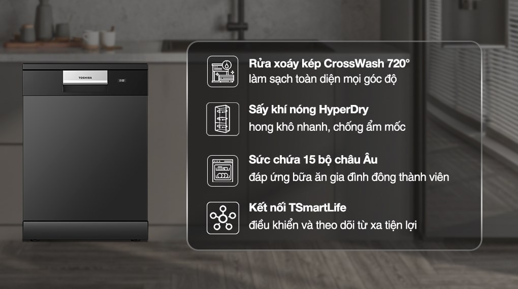 Máy rửa chén độc lập Toshiba DW-15F8(B)-VN trang bị công nghệ rửa xoáy kép mạnh mẽ