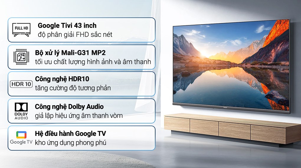 Google Tivi Xiaomi A FHD 43 inch L43MA-AFSEA 2025 phù hợp với không gian phòng khách, phòng ngủ có diện tích nhỏ với màn hình 43 inch