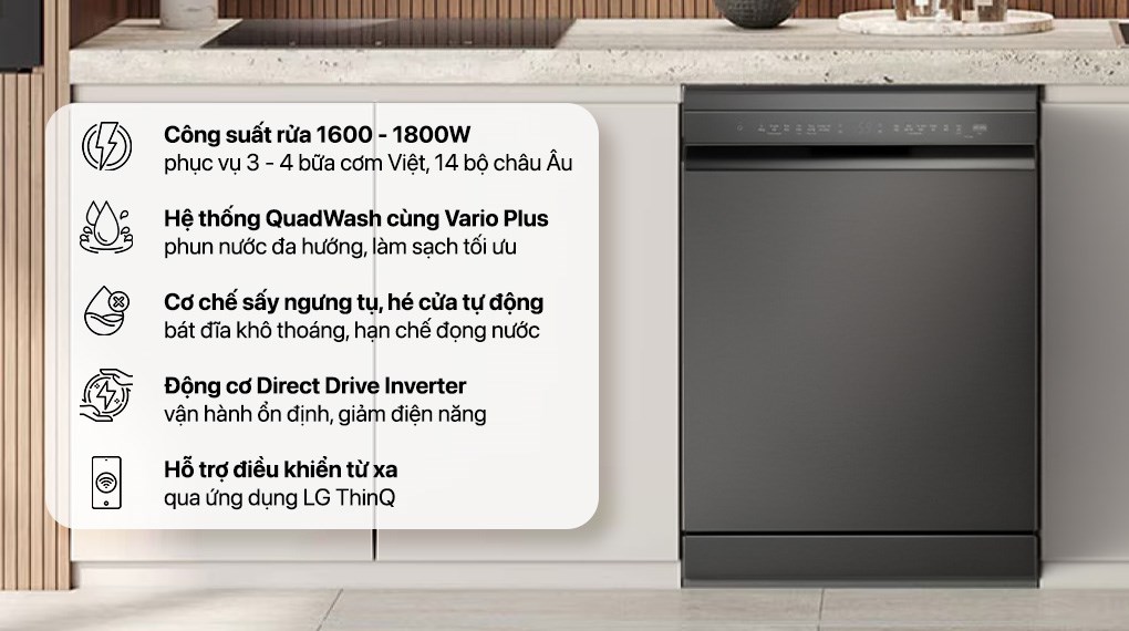 Máy rửa bát LG LDN14BLA5 sức chứa 14 bộ tính năng sấy hé cửa tự động giúp chén bát khô thoáng