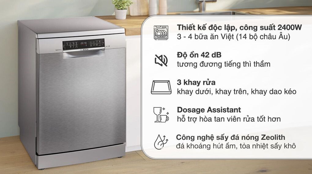 Máy rửa chén độc lập Bosch SMS6ZCI37Q công nghệ sấy đá nóng Zeolith và động cơ EcoSilence Drive