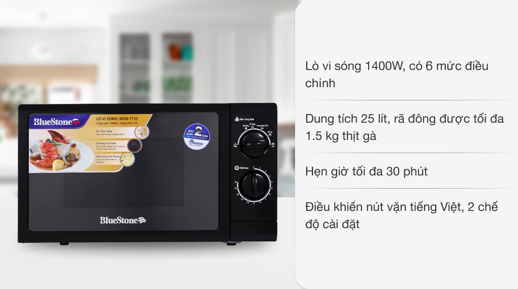 Lò vi sóng BlueStone MOB-7733 25 lít  đa chức năng: nấu, hâm nóng, rã đông có công suất lên đến 1400W
