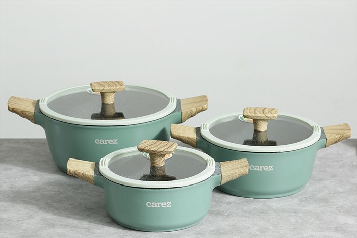 Bộ 3 nồi nhôm đúc vân đá nắp kính Carez CPC595DI03CN với tông màu xanh trẻ trung, nổi bật