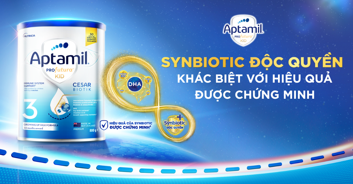 Dưỡng chất SYNBIOTIC ĐỘC QUYỀN có trong Aptamil KID hỗ trợ dinh dưỡng cho con sinh mổ