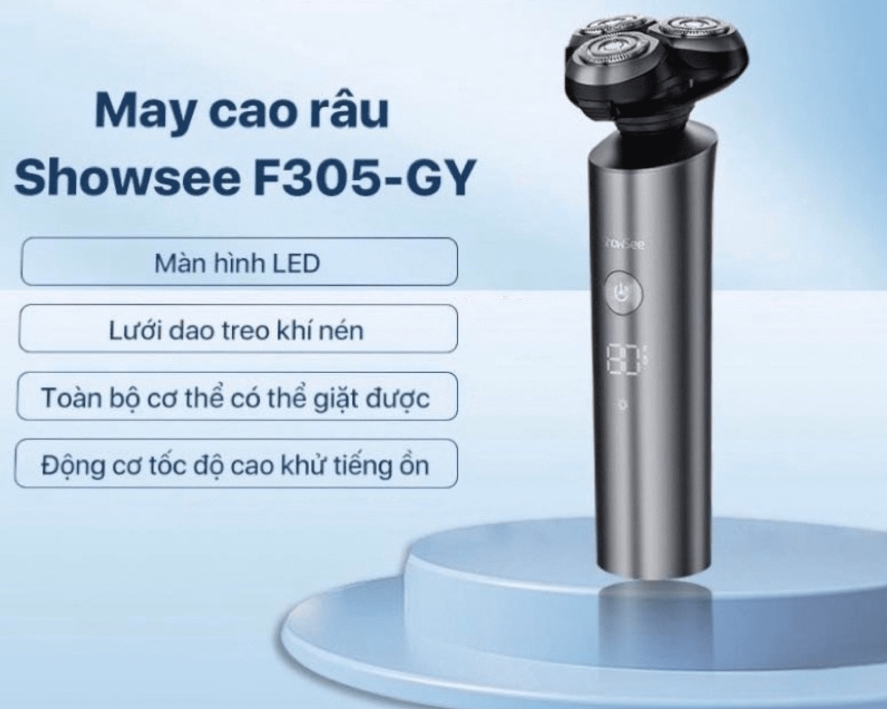 Máy cạo râu khô và ướt Showsee F305-GY hỗ trợ 2 chế độ cạo gồm tiêu chuẩn và Turbo, dễ dàng tùy chỉnh theo độ dày râu và nhu cầu cá nhân