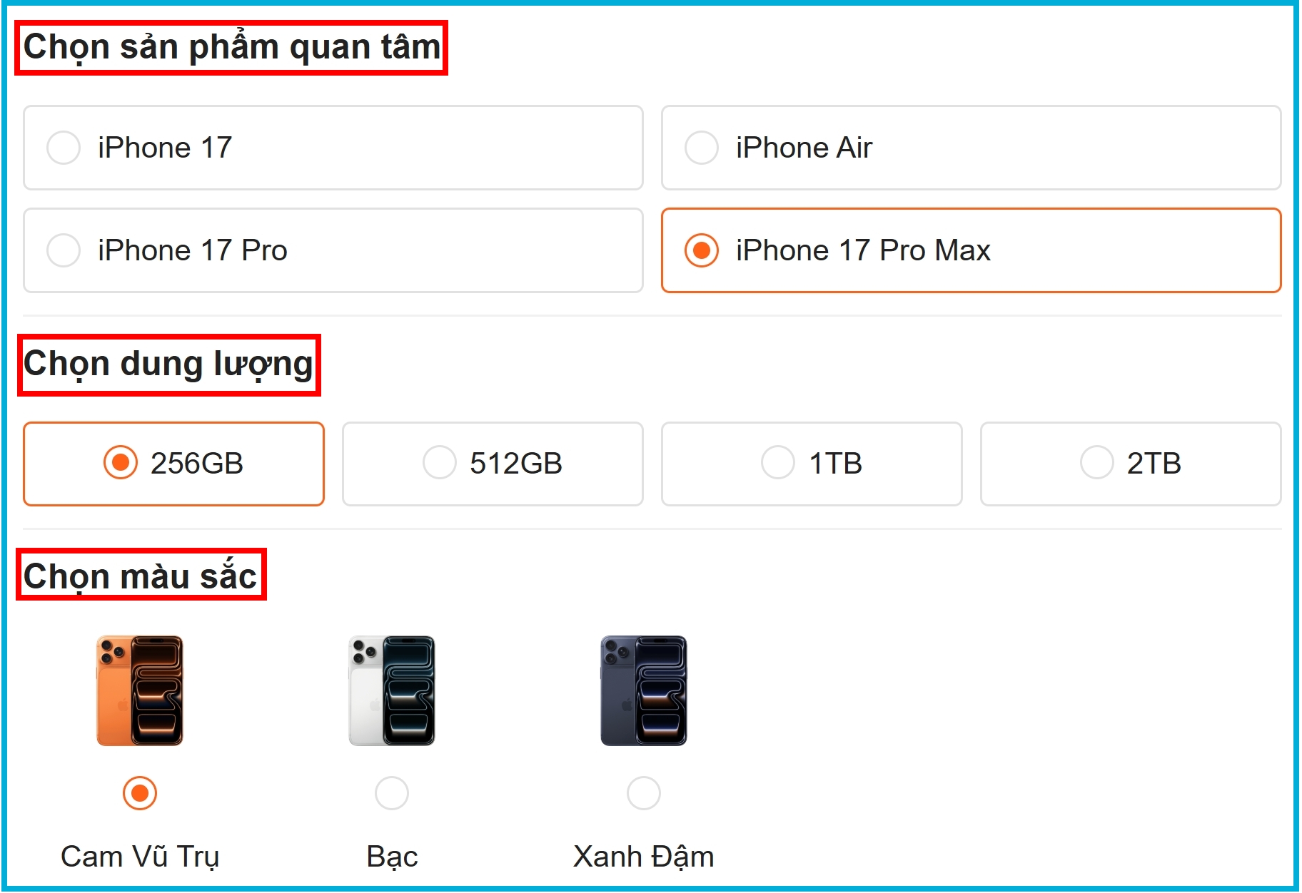 Lựa chọn sản phẩm: phiên bản, dung lượng, màu sắc mà bạn yêu thích