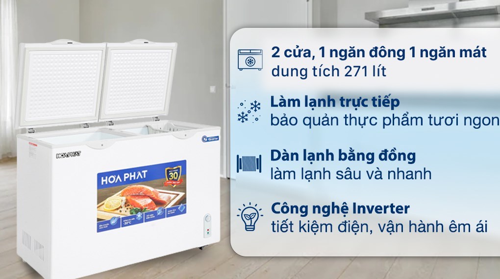 Tủ đông Hòa Phát Inverter HPF BD8271 tích hợp 2 ngăn đông mát và dàn lạnh ống đồng bền bỉ