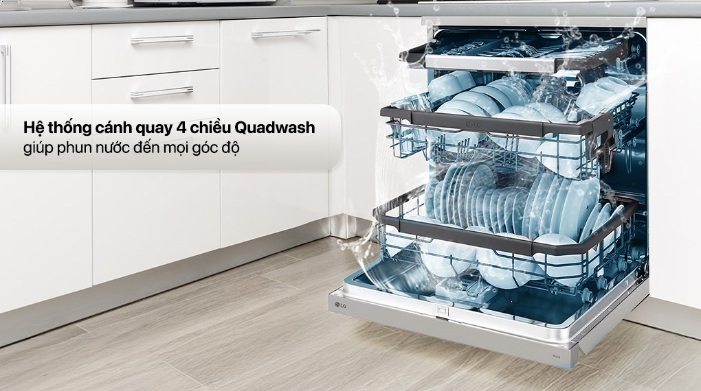 Hệ thống 4 tay phun QuadWash trên máy rửa bát LG giúp làm sạch bát đĩa ở mọi góc cạnh