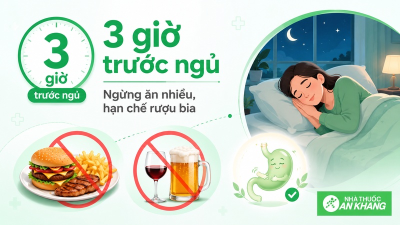 Ăn tối sớm, tránh ăn quá no và hạn chế rượu bia trước giờ ngủ giúp giảm đầy bụng, trào ngược và thức giấc ban đêm. Ăn tối sớm, tránh ăn quá no và hạn chế rượu bia trước giờ ngủ giúp giảm đầy bụng, trào ngược và thức giấc ban đêm.
